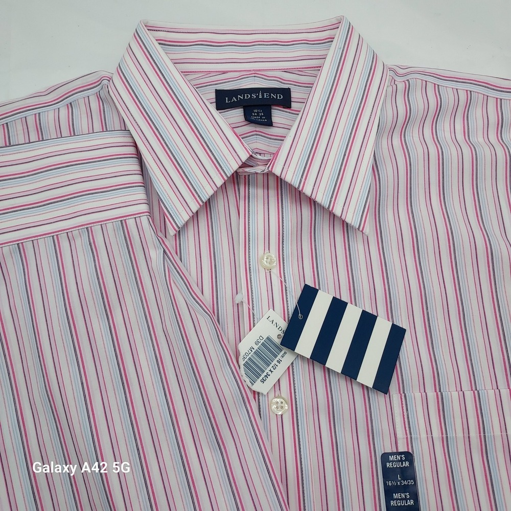 Lands End Mens Regular Fit Dress Shirt‎ Pink Blue Stripe 16.5 x 34/35 NWT